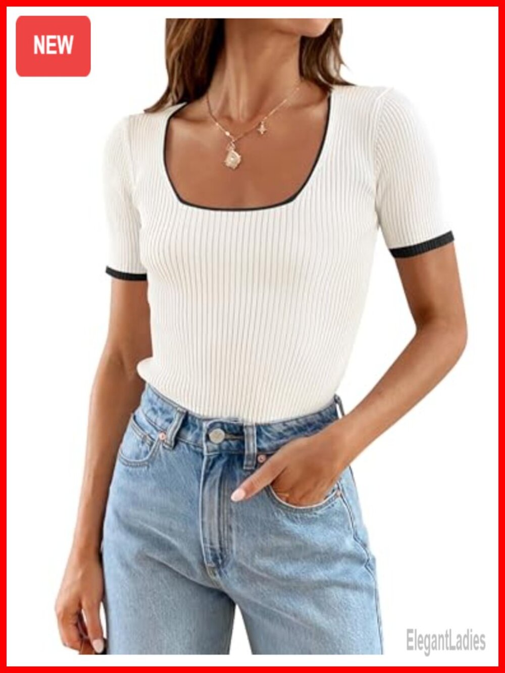 ZESICA Womens Short Sleeve Square Neck Ribbed Knit Crop Top Business